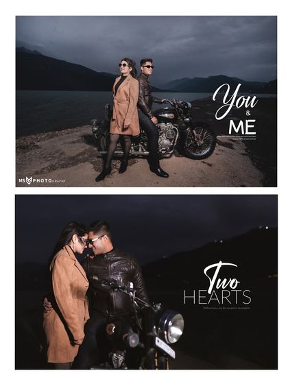 A night-time biker shoot collage, showing how we can create dramatic and romantic images after sunset. The "You & Me" text adds a personalized touch.