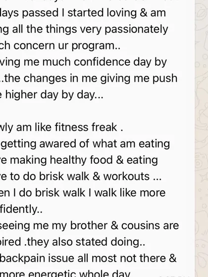 This is the feedback from a breastfeeding mom who lost 10kg and reduced her DR gap from 4 fingers to 1. She says, "I am getting aware of what am eating... I love to do brisk walk & workouts."