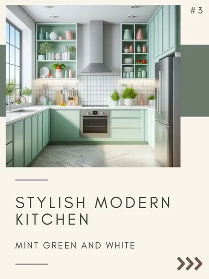 This stylish modern kitchen uses a mint green and white palette. The soft green adds a playful yet sophisticated touch, creating a bright and welcoming cooking space.