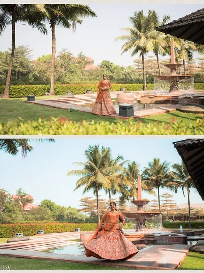 A diptych showing the bride in a beautiful garden setting at the resort. One shot is a classic portrait, while the other captures the joyful twirl of her lehenga, showcasing the outfit's movement.