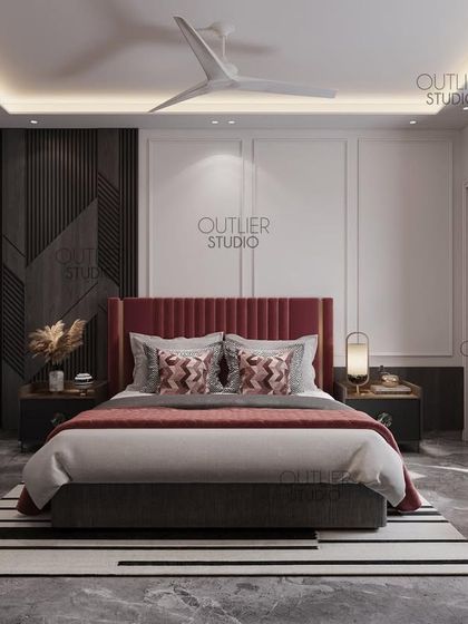 What better way to start your day than waking up in this gorgeous bedroom? The room features a bold red headboard, a dark geometric accent wall, and a marble floor for a touch of modern luxury.