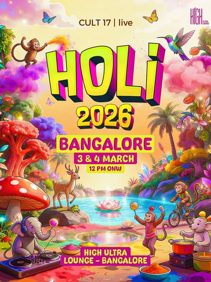 A vibrant, illustrative poster for our Holi 2026 festival in Bangalore. The playful and colorful design instantly communicates the fun, festive, and slightly wild nature of the event, appealing to a young and energetic audience.