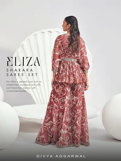 The back view of the ELIZA Sharara Saree Set, showcasing the flowing, printed sharara and the unique pleated kurta.