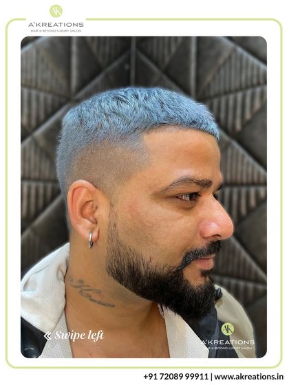 Men's hair coloring is about precision and style. This client chose a bold icy blue, which we paired with a sharp fade for a modern, edgy look.