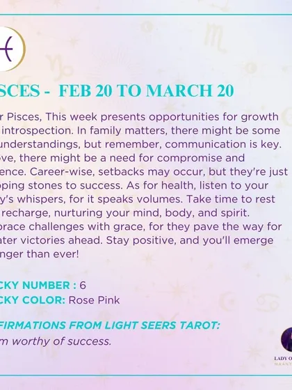 A weekly tarot forecast for Pisces. This week presents opportunities for growth and introspection. In family matters, there might be some misunderstandings, but remember, communication is key. Embrace challenges with grace.