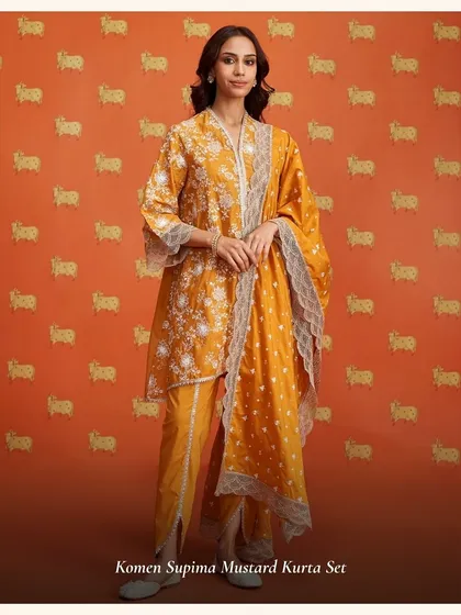The Komen Supima Mustard Kurta Set is another great option for Karwa Chauth, with its warm color and intricate white embroidery.