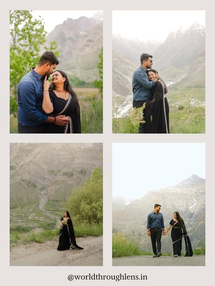 A collection of four beautiful moments from a pre-wedding shoot in Baralacha, Himachal, showcasing different poses and the stunning landscape.