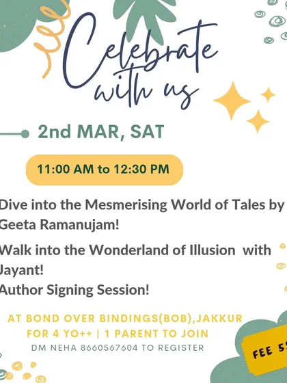 Another look at our anniversary event poster, highlighting the unique combination of mesmerizing storytelling and a magic show, plus an author signing session.