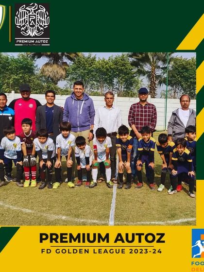 Teams line up with officials and coaches for a group photo at the Premium Autoz FD Golden League.