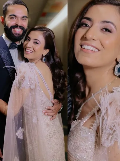 A beautiful couple shot from the cocktail event. The bride's makeup looks flawless up close, with radiant skin and softly defined eyes that sparkle.