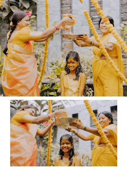 A collage from a Mangala Snaanam ceremony, showing the traditional blessings from family members.