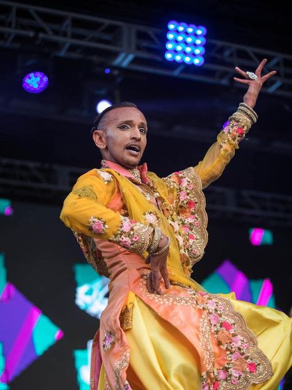 The joy of performance captured on stage. I curate my events to be a platform for queer South Asian artists like Zaman to express themselves and share their art with a massive audience.