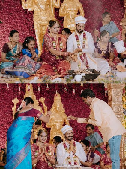 A collage showing different rituals from the wedding, including blessings from family members.