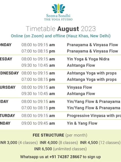 My August class schedule, featuring a variety of classes like Pranayama, Vinyasa Flow, Yin Yoga, and Ashtanga, available both online and in the studio.