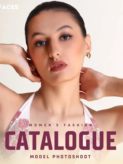 A close-up beauty shot of a model wearing a halter-neck top. This type of image can be used for both fashion and beauty campaigns, highlighting makeup and accessories.