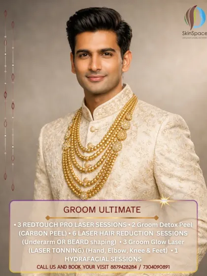 For the groom who wants the ultimate transformation, our 'Groom Ultimate' package delivers. It includes advanced laser rejuvenation with RedTouch PRO, detox peels, and laser toning for a polished and flawless look from every angle.