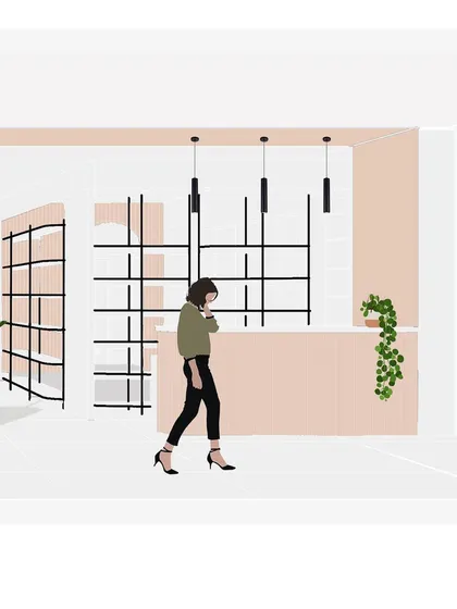 A conceptual illustration for the 'Frumos' salon reception. This helps us and the client visualize the flow, finishes, and key design elements like the fluted desk and shelving.