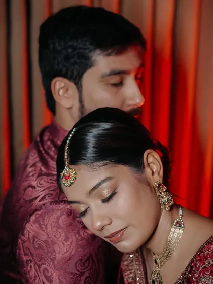 A beautiful, intimate moment from Fatema's wedding. Her soft glam makeup looked flawless from every angle, capturing the romance of the day.