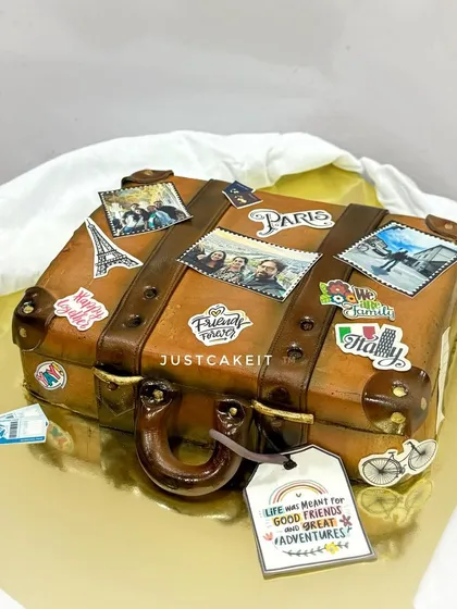 This cake, designed as a vintage suitcase with edible travel photos, tells a story of friendship and adventure. It's a cream-finished cake with minimal fondant, showing how we can personalize your cake to capture your most cherished memories.
