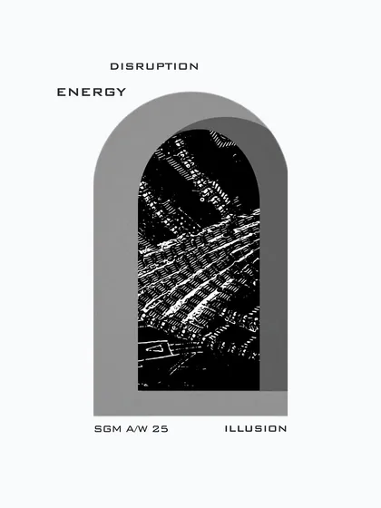 Disruption, Energy, Illusion. These are the pillars of "The Gates" collection. This graphic frames an abstract texture within an archway, symbolizing a threshold into a new way of seeing menswear.