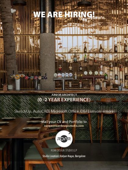 A job opening for a Junior or Project Architect at Roar Design Studio in Bangalore, requiring 0-2 years of experience and skills in SketchUp, AutoCAD, and Lumion.