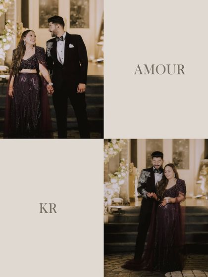 A collage of the couple posing at the entrance of their venue, capturing both a wide shot and a closer, more intimate one.