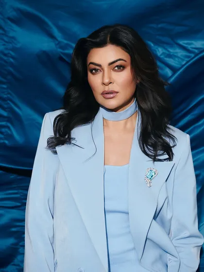 Power dressing at its finest. I styled the incredible Sushmita Sen in this sharp, powder blue pantsuit with a matching choker detail. This look is all about clean lines, modern elegance, and commanding presence.