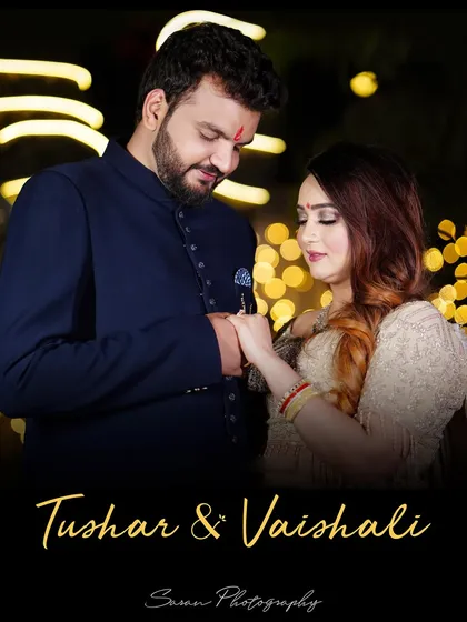 A romantic shot of the groom placing the ring on the bride's finger, with their names elegantly written below.