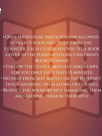A closer look at the scavenger hunt rules. The main goal was to follow clues to find specific book covers, all while respecting the books and having a thrilling time.