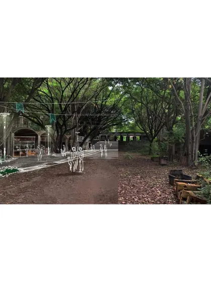 A conceptual sketch overlaid on a photograph, illustrating how the project would transform an existing green space into a lively public area.