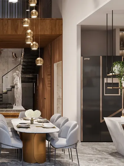 From the dining table, you can see the staircase and the kitchen, highlighting the seamless flow between the different zones of the home. The design is perfect for modern family living.