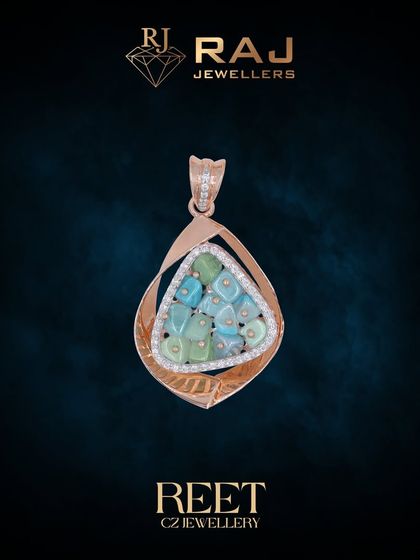 This elegant pendant showcases a beautiful arrangement of light green and blue stones, framed by an organic, leaf-like swirl of rose gold and CZs. It is a perfect piece for adding a subtle pop of color.
