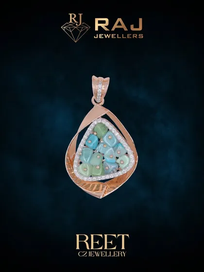 This elegant pendant showcases a beautiful arrangement of light green and blue stones, framed by an organic, leaf-like swirl of rose gold and CZs. It is a perfect piece for adding a subtle pop of color.