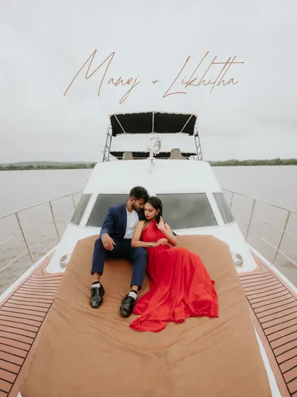 A touch of glamour for a destination shoot in Goa. Posing on a yacht, this shot is all about capturing the couple's confident style against the expansive water, creating a feeling of luxury and adventure.