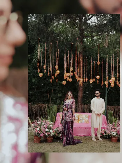 A stylish portrait of a couple at their Haldi function, with a creative focus effect that draws the eye to their central pose.