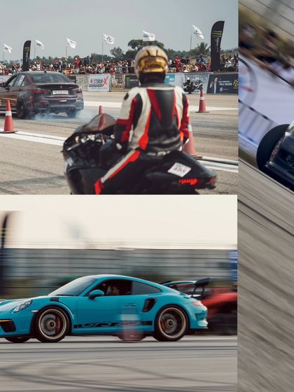 A collage capturing the raw speed of our drag events, featuring a Porsche 911 GT3 RS and a superbike mid-race.