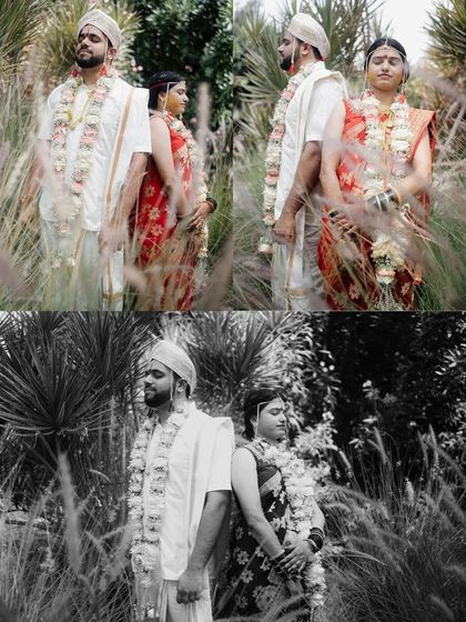 A creative collage of a couple's portrait session among the tall grasses. The mix of color and black-and-white shots adds an artistic touch to their wedding album.