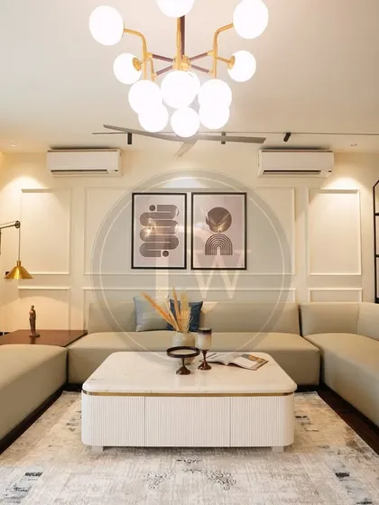 A showcase of a complete living room we designed, featuring a custom U-shaped sectional sofa that combines expansive comfort with a clean, modern aesthetic. This setup is perfect for large family rooms, designed for both entertaining and everyday relaxation.