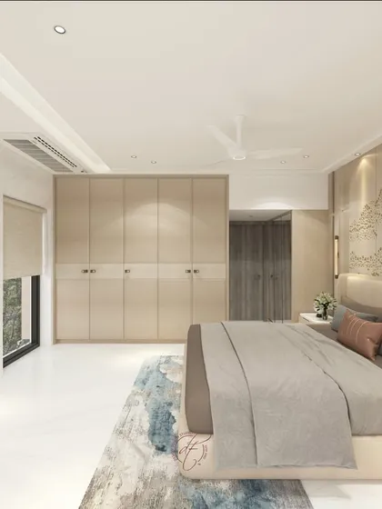 Another angle of the mountain-themed bedroom, showing the sleek, handle-less wardrobes and the spacious layout.