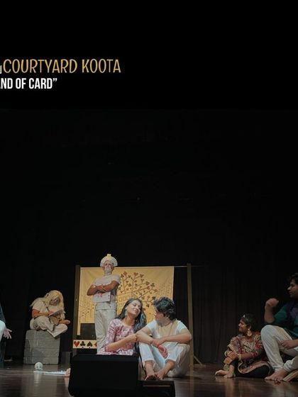 A collage capturing the vibrant energy of 'Land of Cards'. This musical brought together a talented cast to tell Tagore's satirical story about a rigid society disrupted by the arrival of a prince and his new ideas.