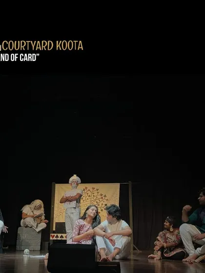 A collage capturing the vibrant energy of 'Land of Cards'. This musical brought together a talented cast to tell Tagore's satirical story about a rigid society disrupted by the arrival of a prince and his new ideas.