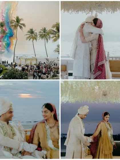 This collage captures the full story of the beach wedding. It shows the stunning venue with colored smoke, the couple's emotional embrace, and quiet moments of them together against the sunset over the ocean.