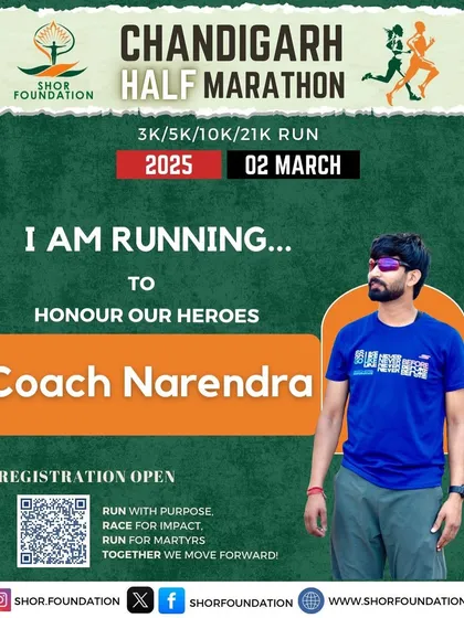 A promotional poster for the Chandigarh Half Marathon, where I encourage runners to join and honor our heroes. I help create strong event concepts that attract participants.