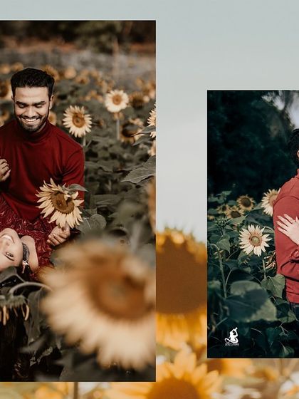 A collage of romantic and playful moments in a sunflower field, capturing the couple's laughter and affection.