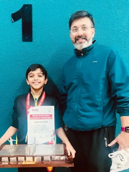 Aadiraj Shetty with his Gold medal and championship trophy for the Boys' Singles U12 category at the MSSA Inter-School tournament. A truly dominant performance.