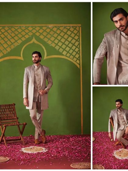 This collage showcases a grey three-piece Indo-Western suit. The detailed embroidery and layered look create a sophisticated and modern ethnic outfit.