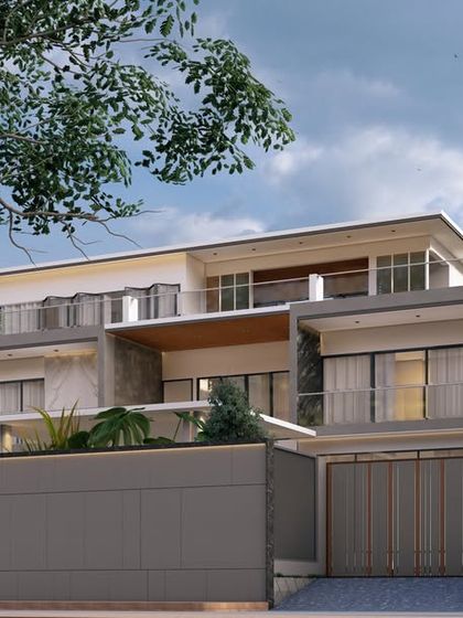 A wide shot of the "Zen Oasis" render, showing how the contemporary design sits harmoniously within its natural, tree-filled context.