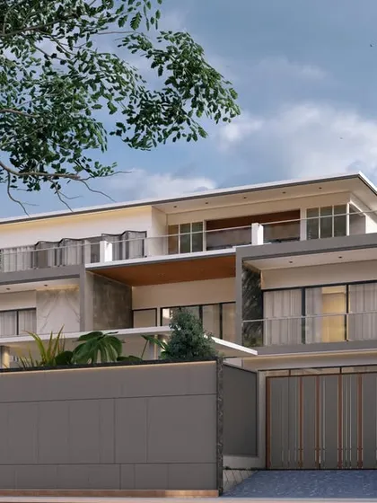 A wide shot of the "Zen Oasis" render, showing how the contemporary design sits harmoniously within its natural, tree-filled context.