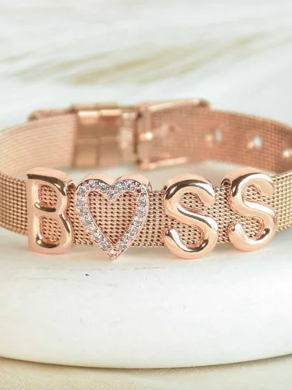 For the boss that you are. This custom "BOSS" bracelet in rose gold, complete with a sparkling heart charm, is a daily reminder of your power. The mesh band is comfortable enough for all-day wear.