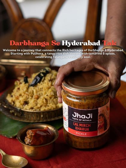 A journey from Darbhanga to Hyderabad. This image pairs our Lal Mirch Bharua with Pulihora, a tangy tamarind rice dish that celebrates Telangana's culinary soul.